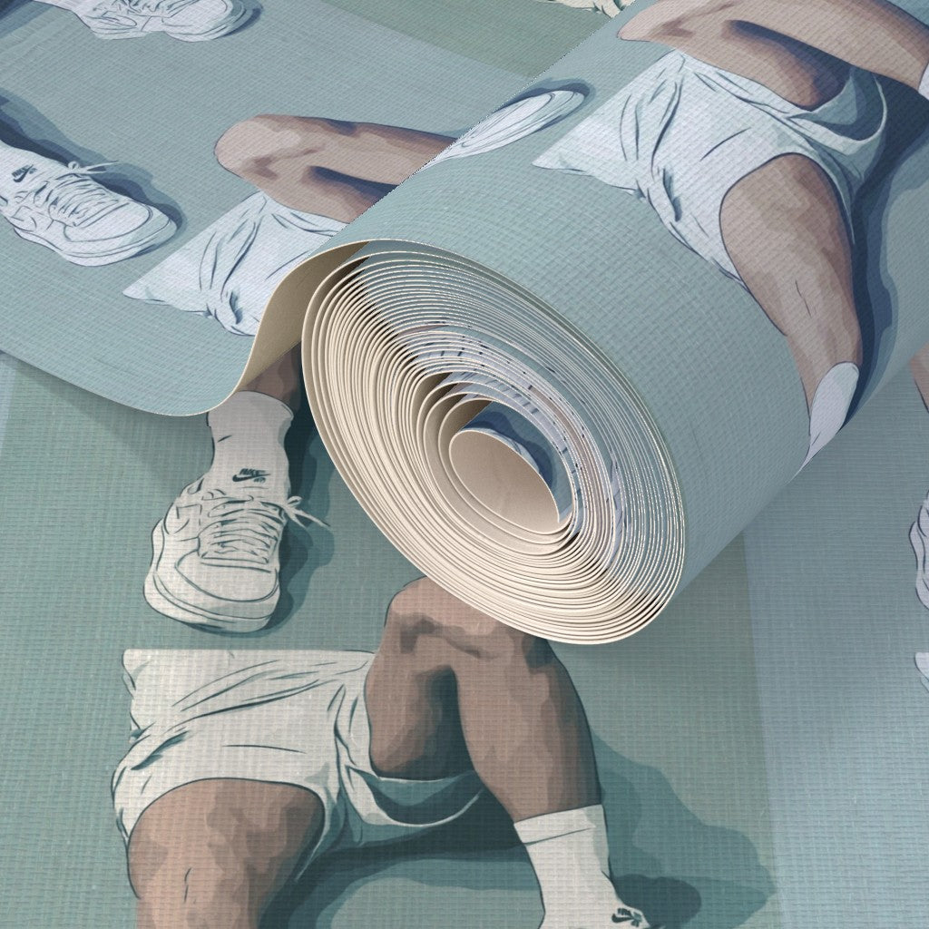 Court Side wallpaper pattern printed on textured organic natural grasscloth material.