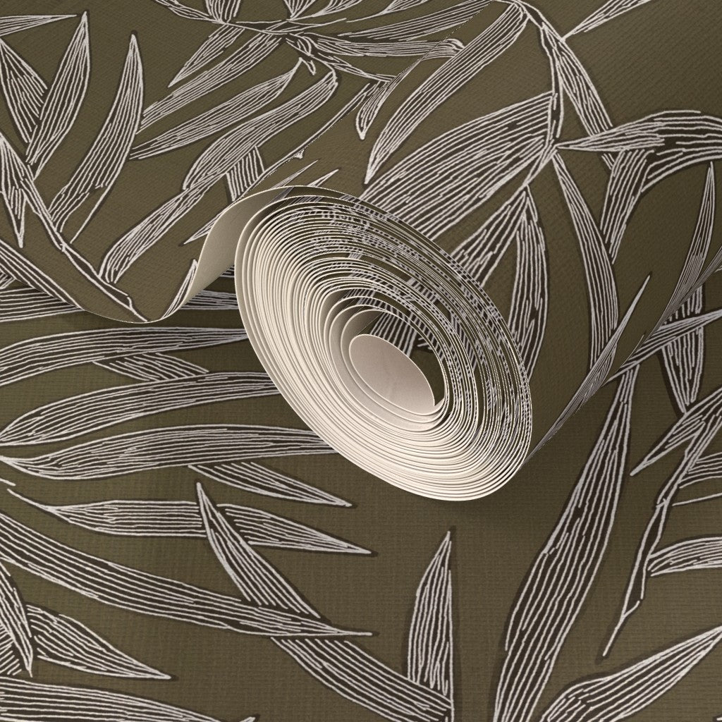 Textured grasscloth surface on organic pewter bamboo patterned wallpaper.