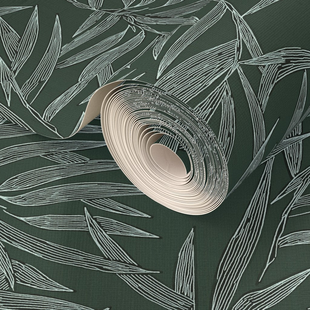 Tactile grasscloth texture on the Forest green Bamboo wallpaper.