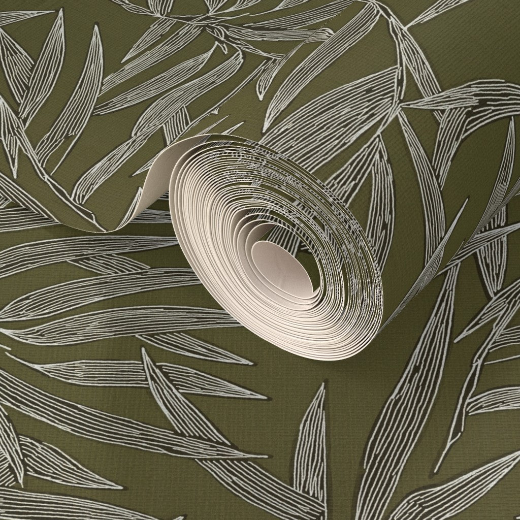 Angle shot showing the organic fiber texture of the Olive Bamboo grasscloth wallpaper.