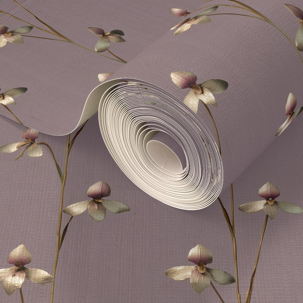 Twilight Bloom botanical orchid print rendered on textured natural grasscloth paper.