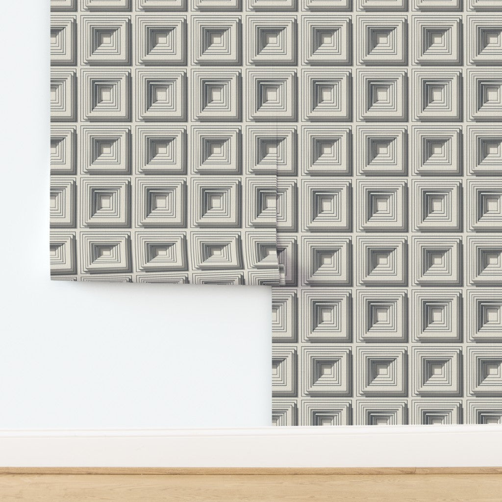 Natural grasscloth texture detail of the Kahn-inspired block rhythm wallpaper