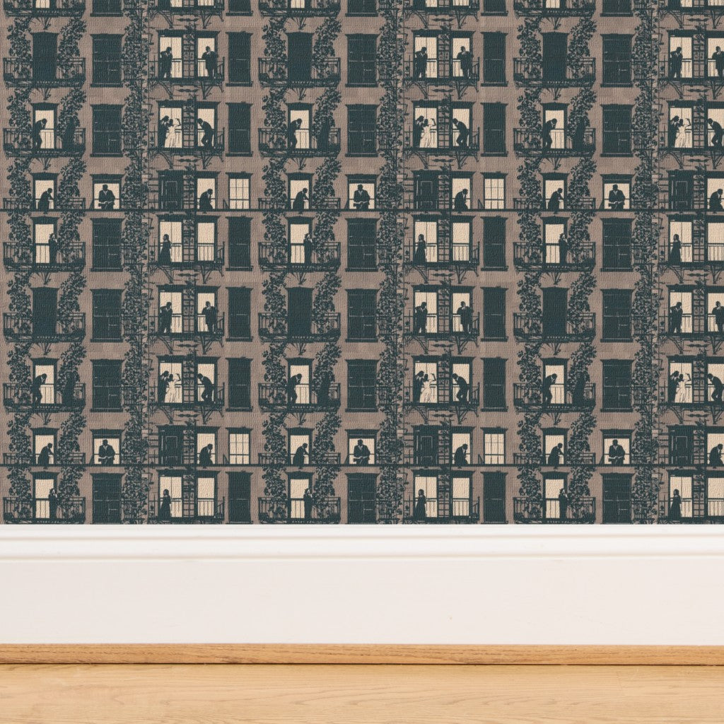 Woven grass cloth fibers highlighted on Taupe wallpaper.