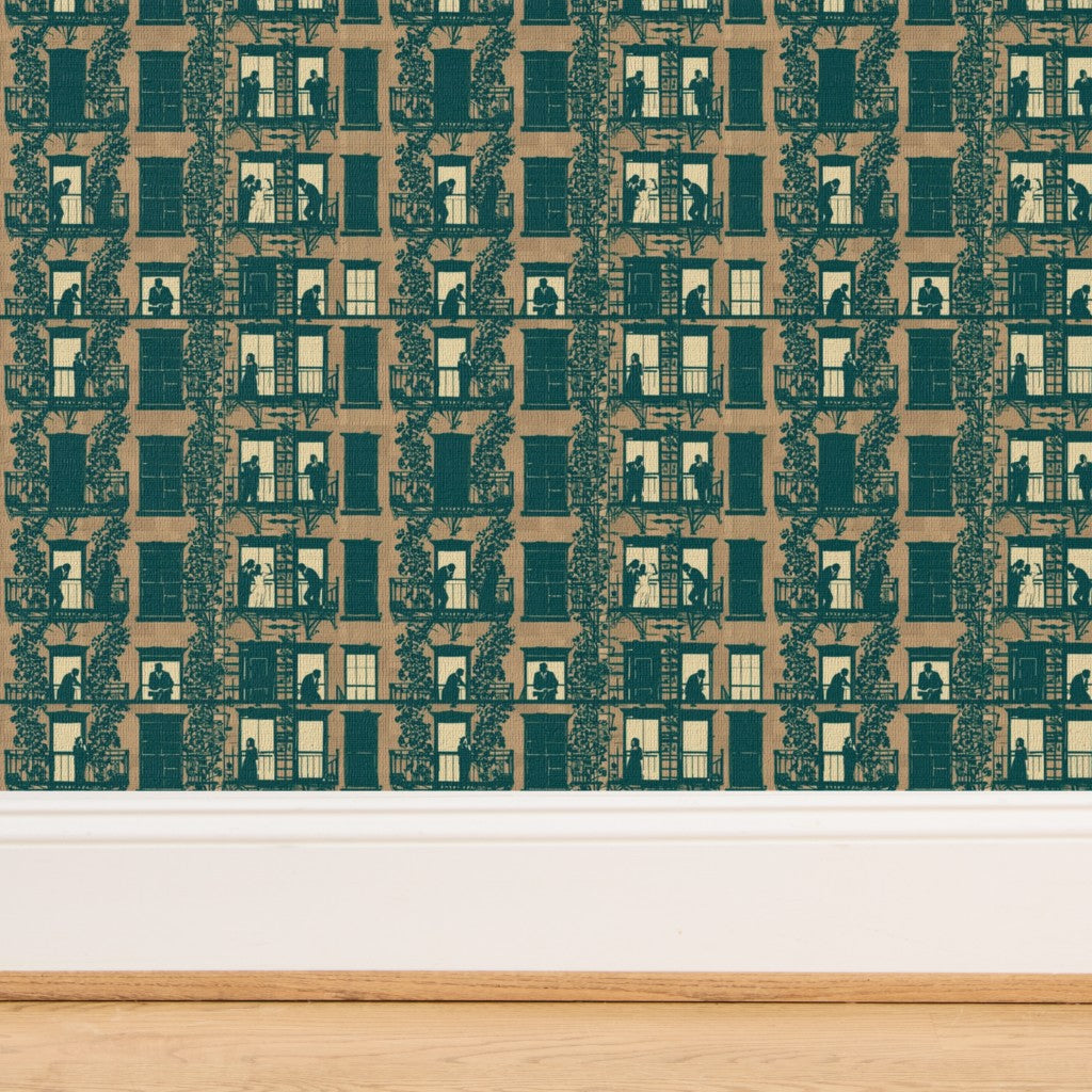 Detailed woven grain of the Adobe grass cloth wallpaper substrate.