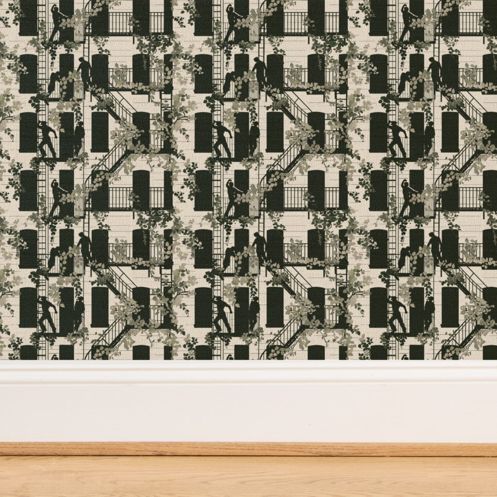 Close-up showing the tactile fiber variations of White grass cloth street scene wallpaper.