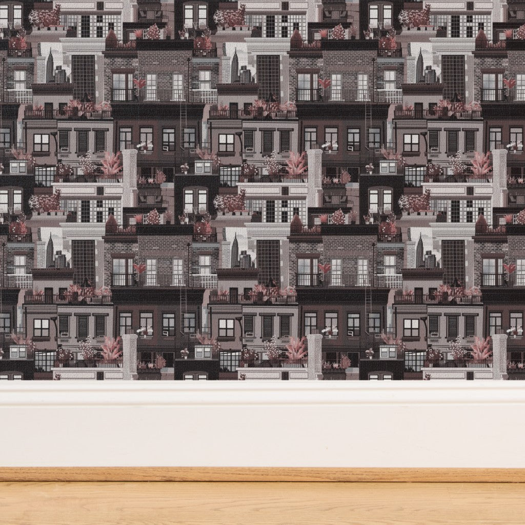 Detail of the woven natural grass cloth backing on the Oxblood wallpaper.