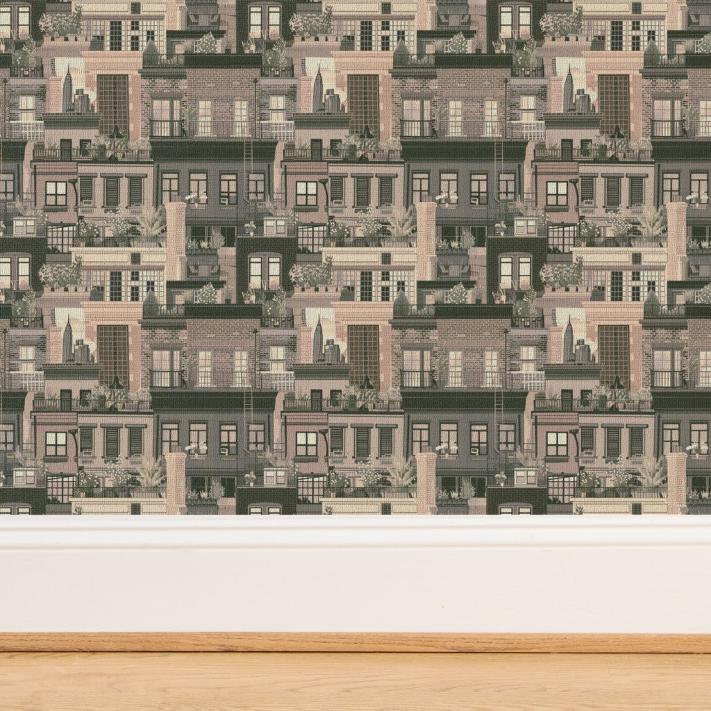 Close-up detail of the woven grass cloth texture of the Beige West Village Rooftops wallpaper.