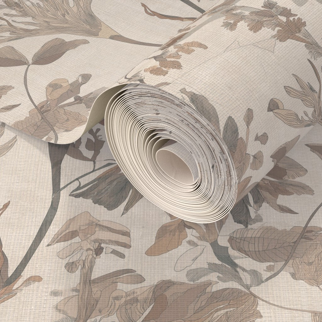 Close-up of the woven botanical design on natural grasscloth substrate.