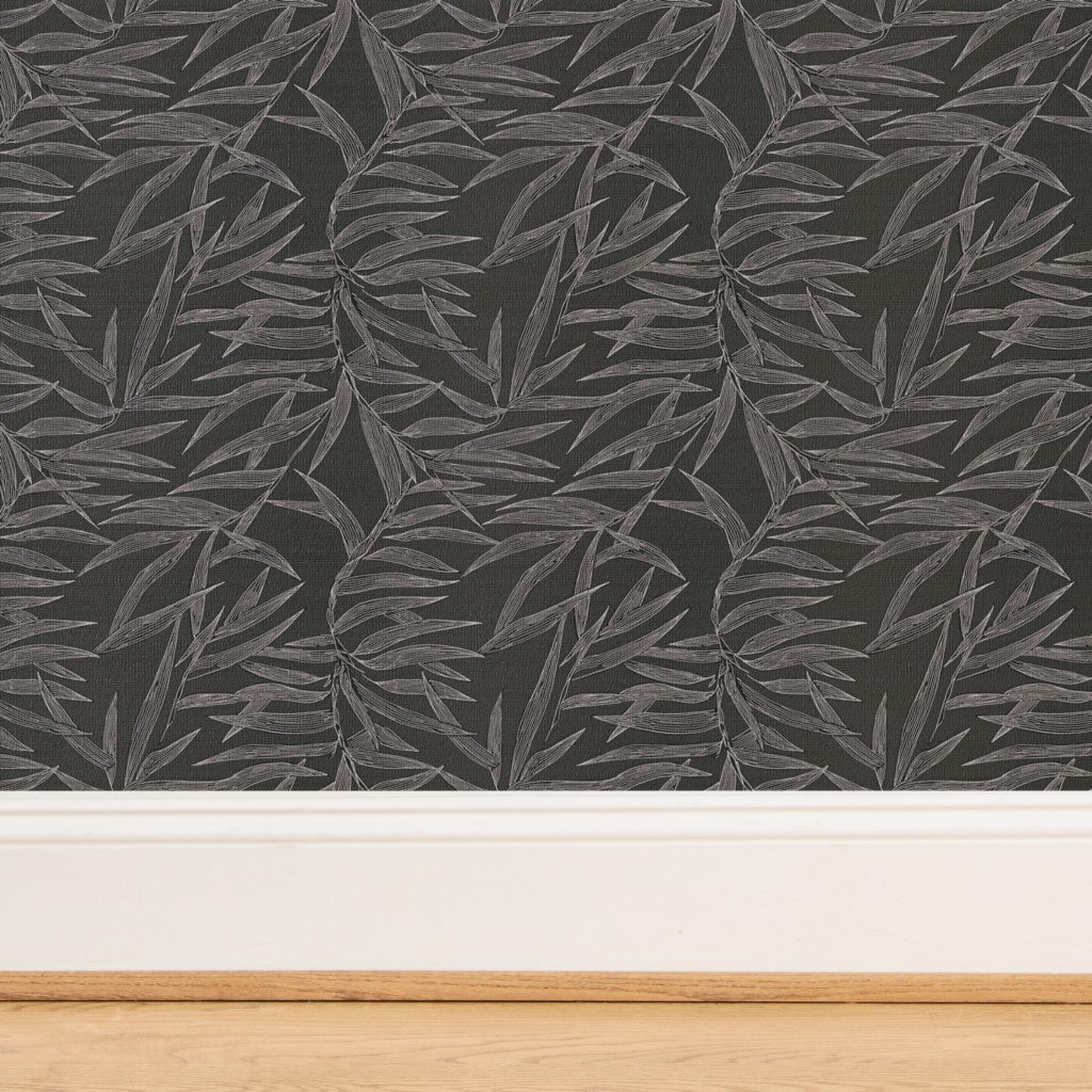 Detail of organic woven grasscloth substrate on Steel bamboo wallpaper.
