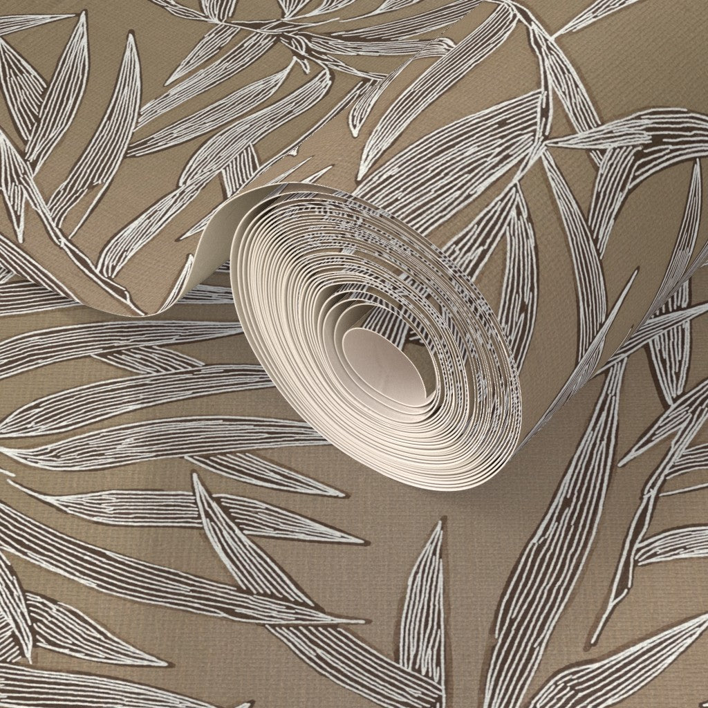 Close-up view of the premium grasscloth fiber with grey bamboo leaves.