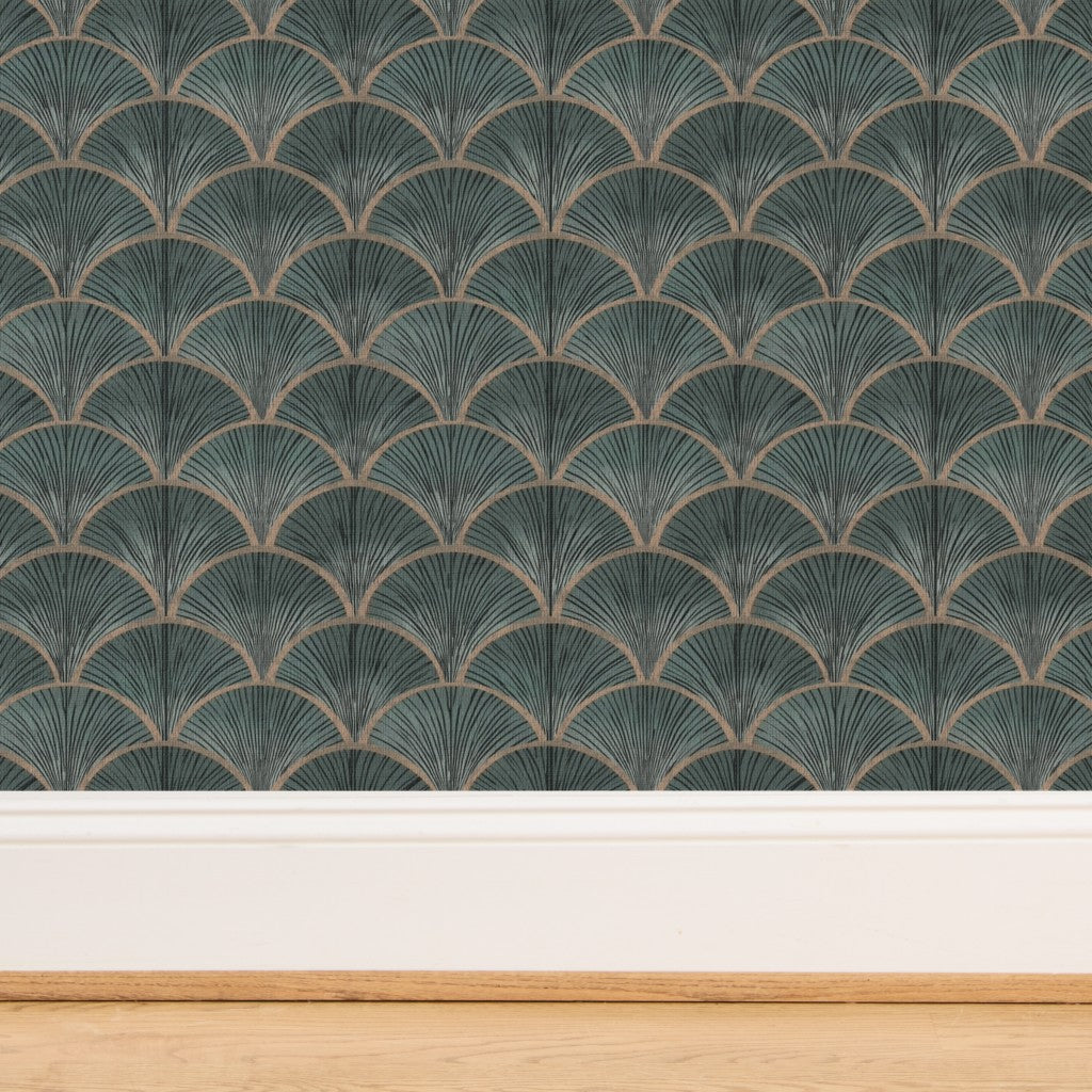 Macro perspective of the natural grass cloth backing on teal fish scale wallpaper.