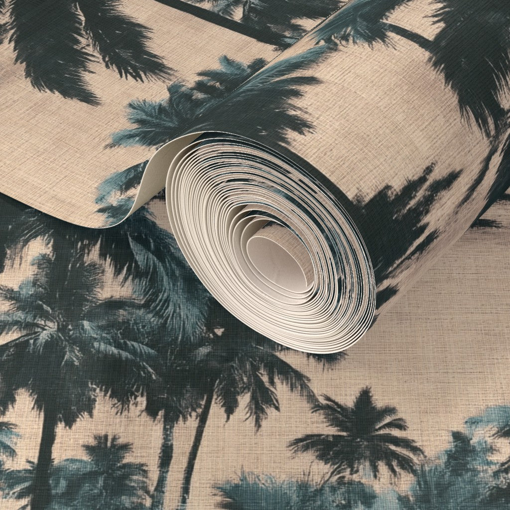 Angled detail highlighting the rich tactile qualities of the grasscloth palm print.