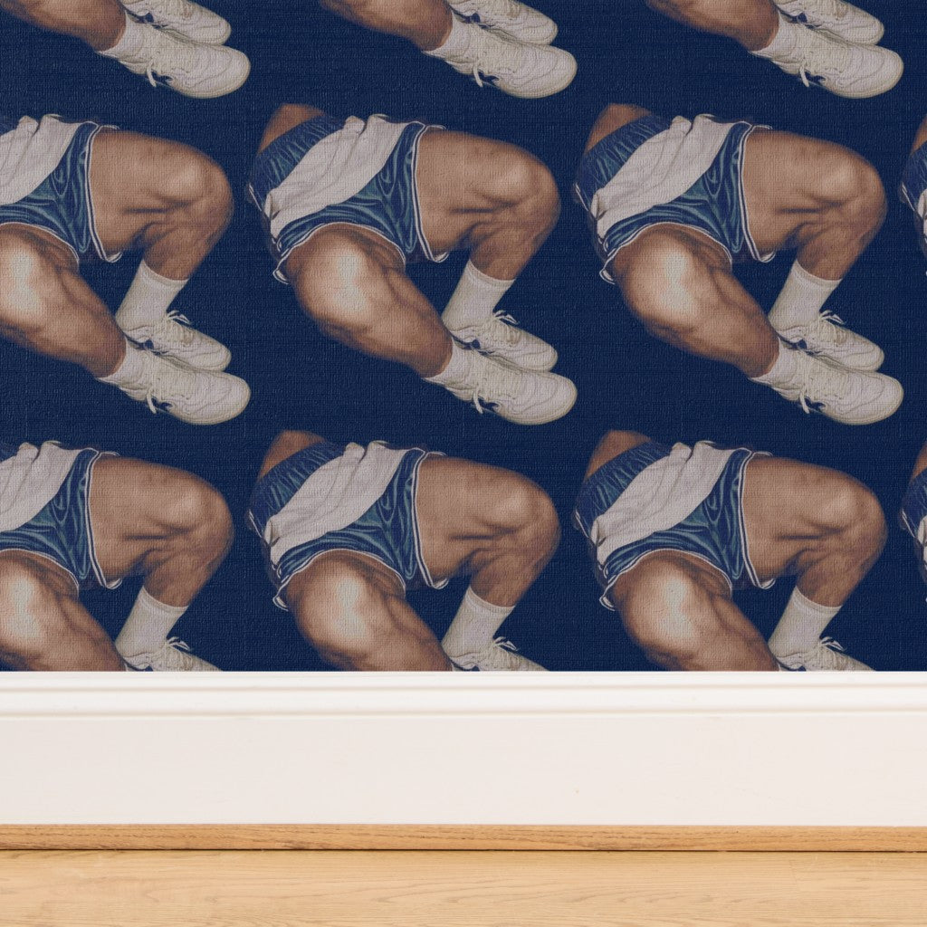 Close-up detail of Gym Shorts wallpaper printed on high-end textured natural grasscloth.
