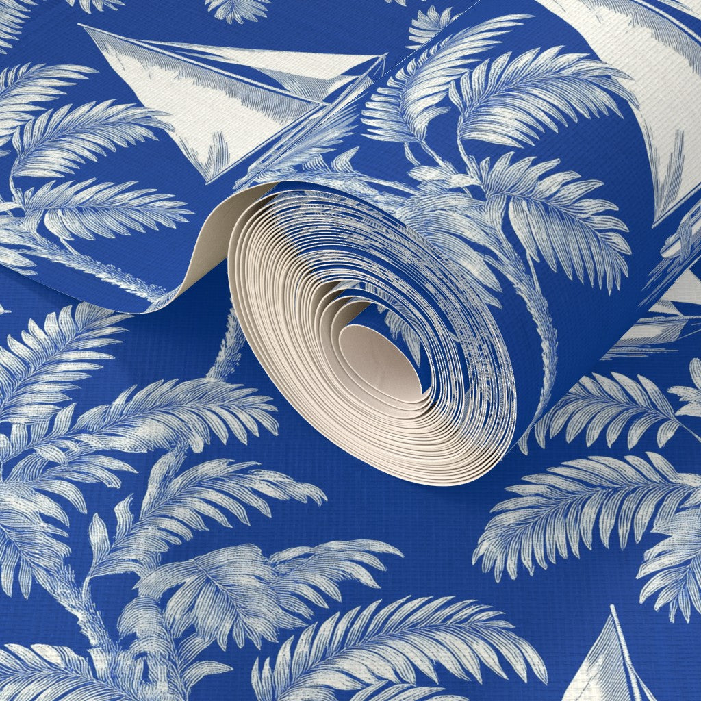 Sail Away pattern printed on woven grass cloth showing natural variations and texture.