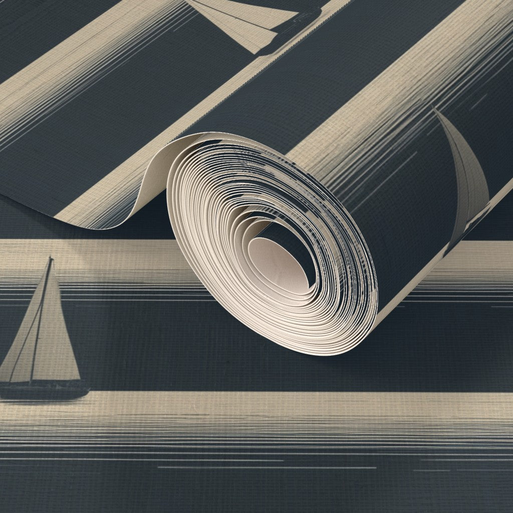 Close-up of sailboats printed on natural grasscloth wallcovering.