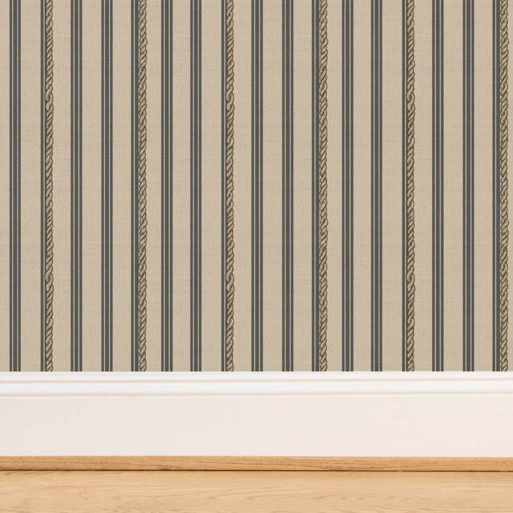 Textured detail of slate grey stripes on woven grass cloth backing