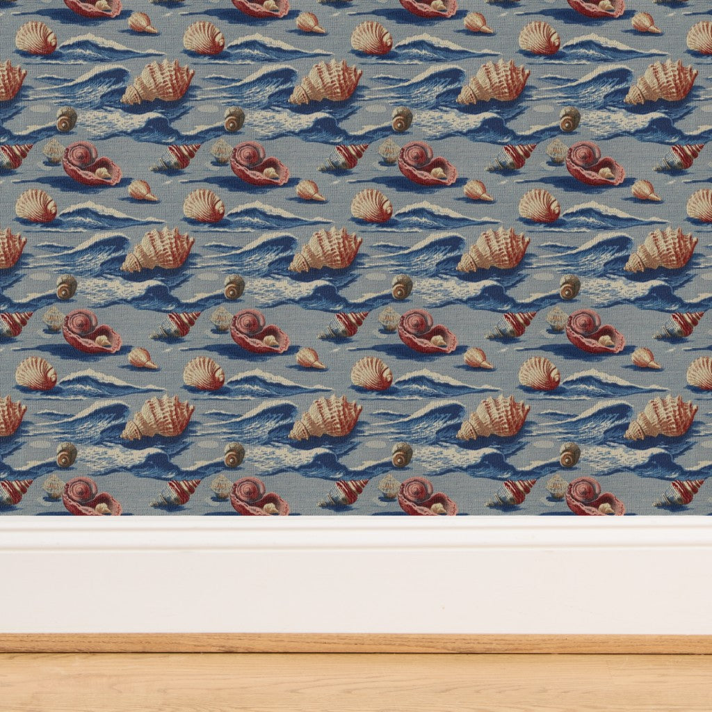 Close-up of the textured grasscloth substrate featuring blue watercolor seashells.