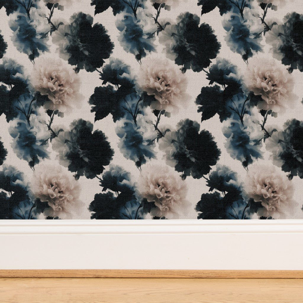 An angled view of the textured Grasscloth Modern Peonies wallpaper, displaying the unique organic fibers.