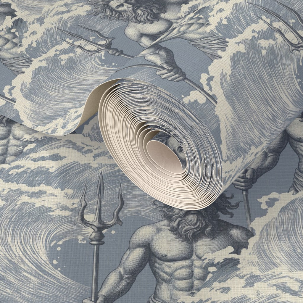 Textured premium grasscloth substrate featuring the Neptune classical print in Mist.
