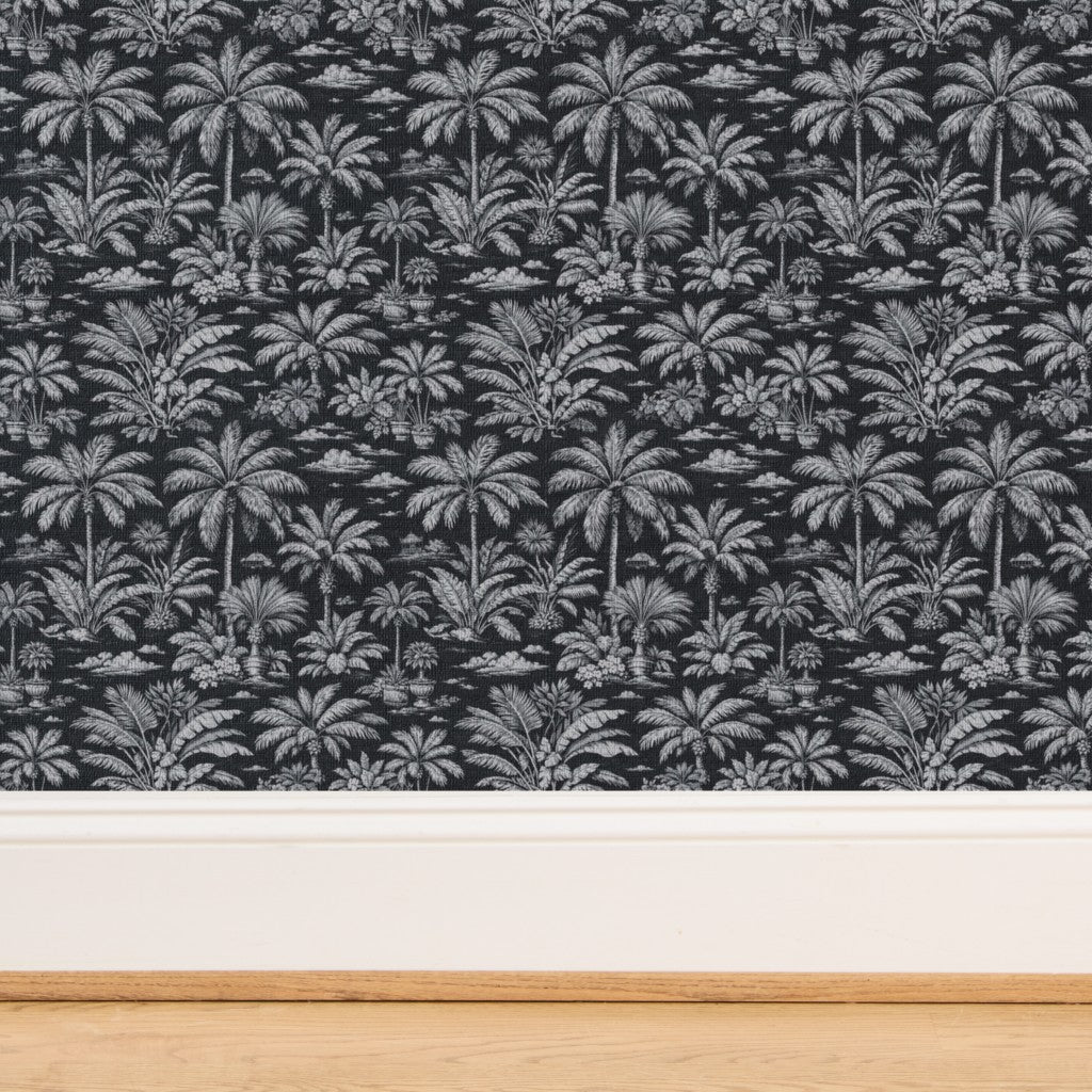 Lush tropical toile design on Black grass cloth wallpaper with rich organic weave.