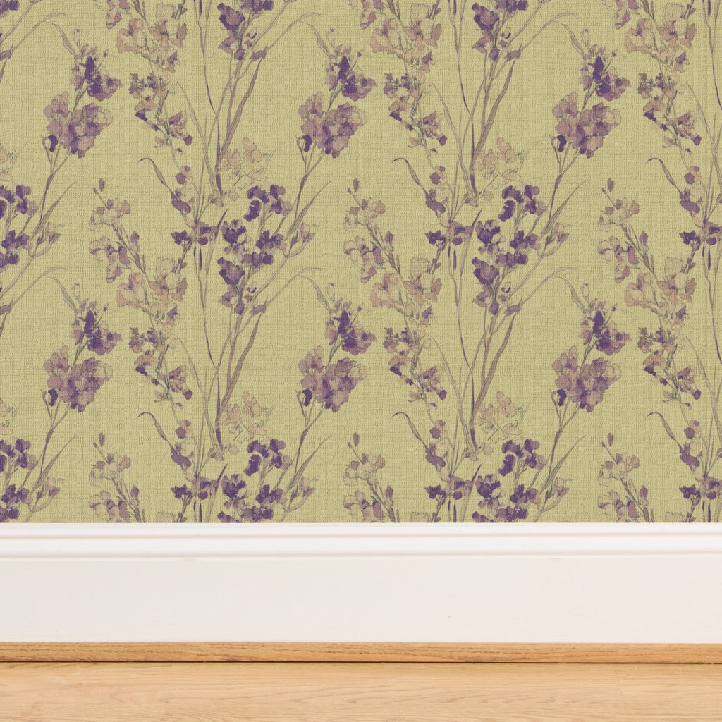 Texture detail of the Celadon botanical design printed on woven grasscloth.