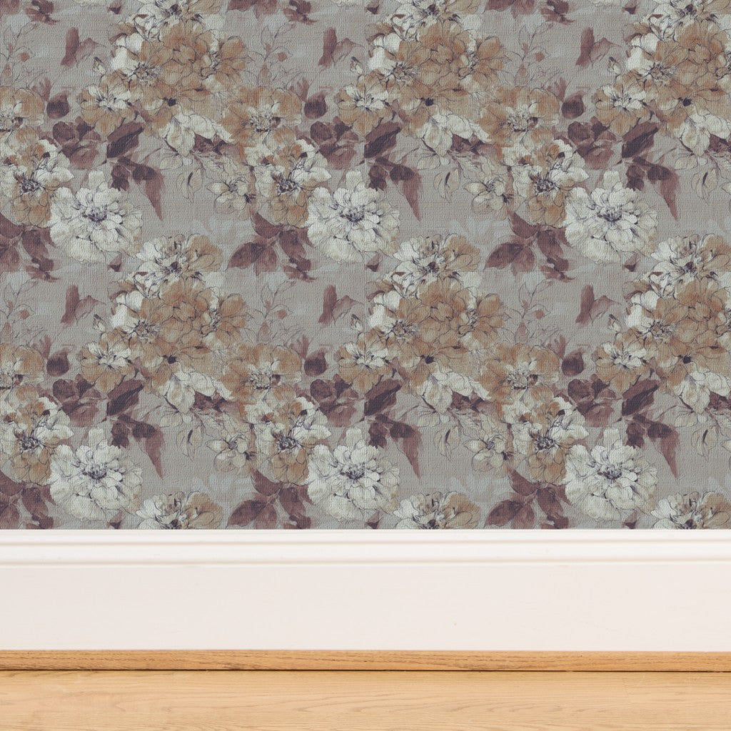 Close-up of natural organic grass cloth texture on watercolor flora wallpaper.