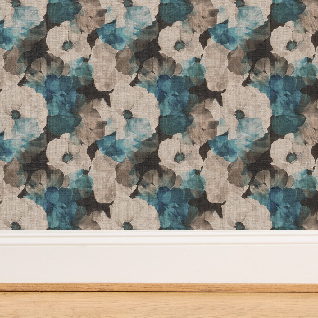 Texture closeup of Hazel Sheer Peonies wallpaper on natural grasscloth substrate.