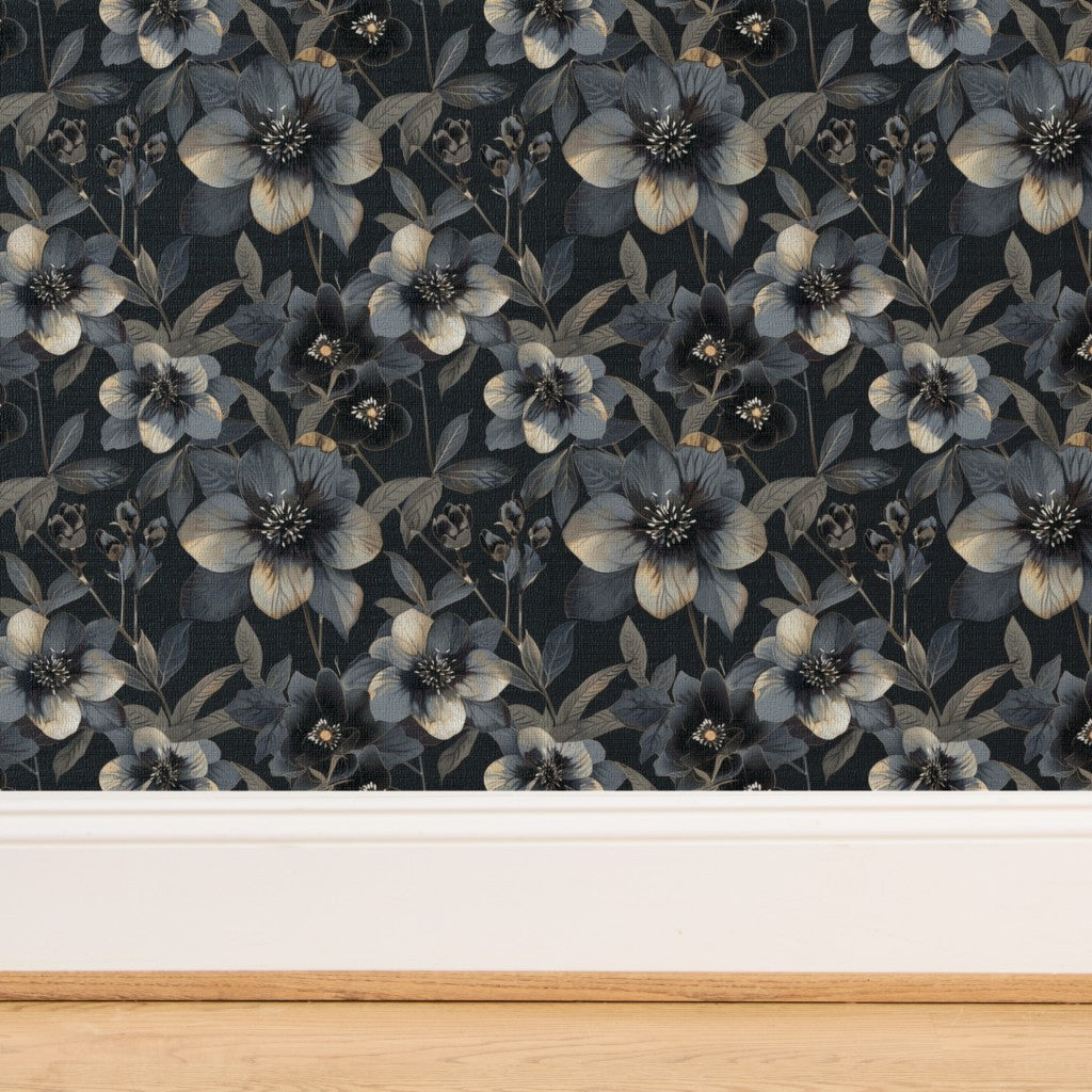 Textured detail of the natural woven grasscloth substrate for the hellebore botanical wallpaper.