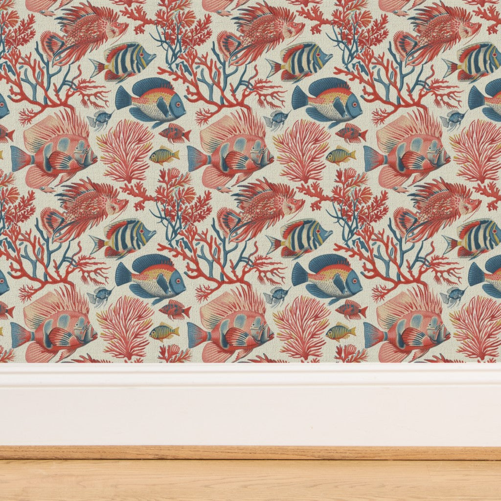 Detail view of the hand-illustrated coastal pattern on Off White grass cloth wallpaper.