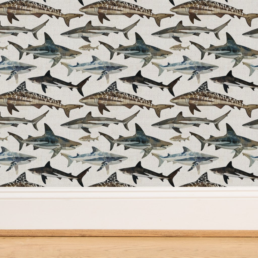 Watercolor Sharks wallpaper on textured grasscloth substrate, featuring coastal blue hues