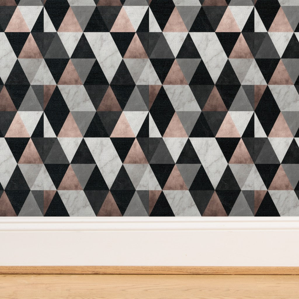 Detailed view of the natural fiber texture on Rose Noir geometric mosaic grass cloth wallpaper.