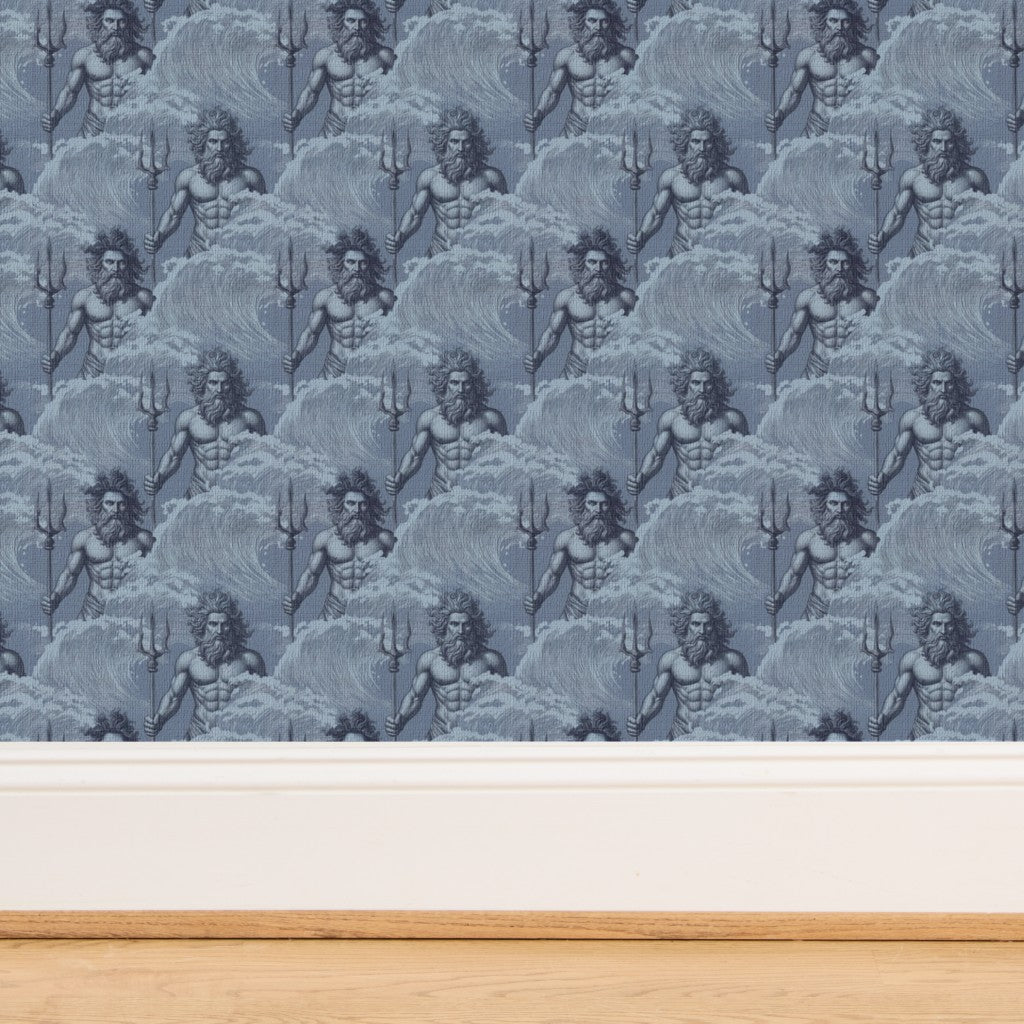 Close-up of the rich woven texture of the Aegean blue Neptune grasscloth wallpaper.