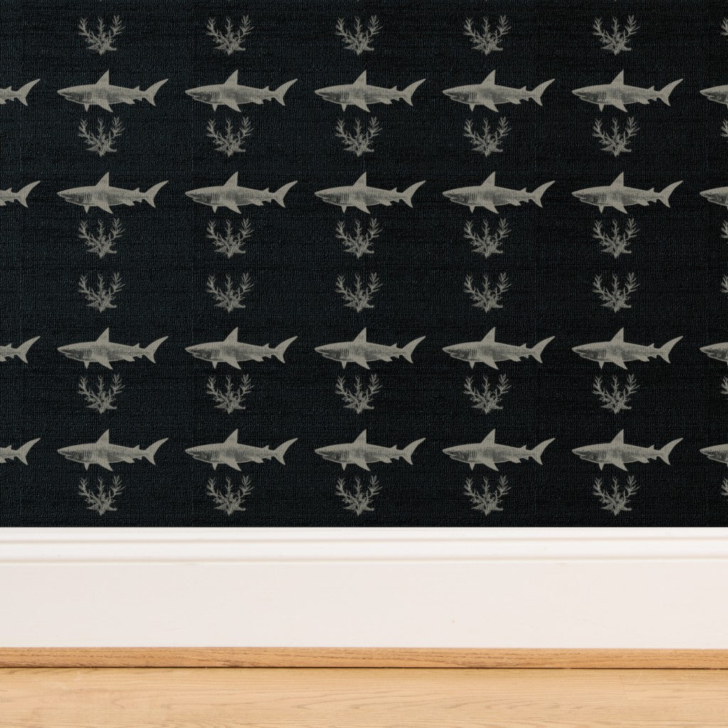 Close-up of the organic woven texture on the dark-toned grasscloth shark wallpaper.