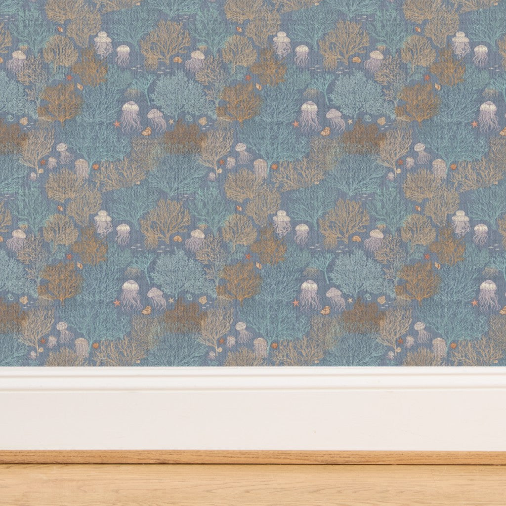Close-up of natural woven fibers on Marina Blue grasscloth Jelly Reef wallpaper.