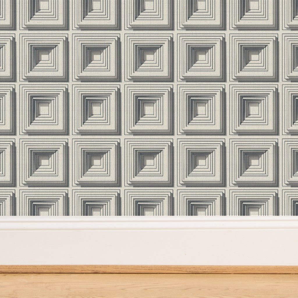 Close-up of the woven grasscloth substrate with architectural grey block print