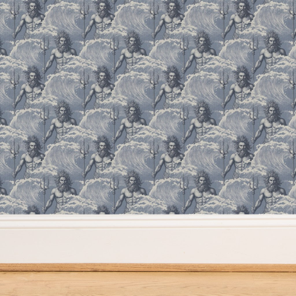 Detailed view of the woven natural grasscloth fibers on the Neptune Mist wallpaper.