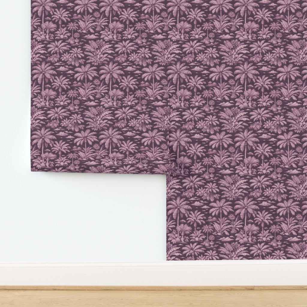 Pink Palmy Weather wallpaper printed on highly textured natural grass cloth.