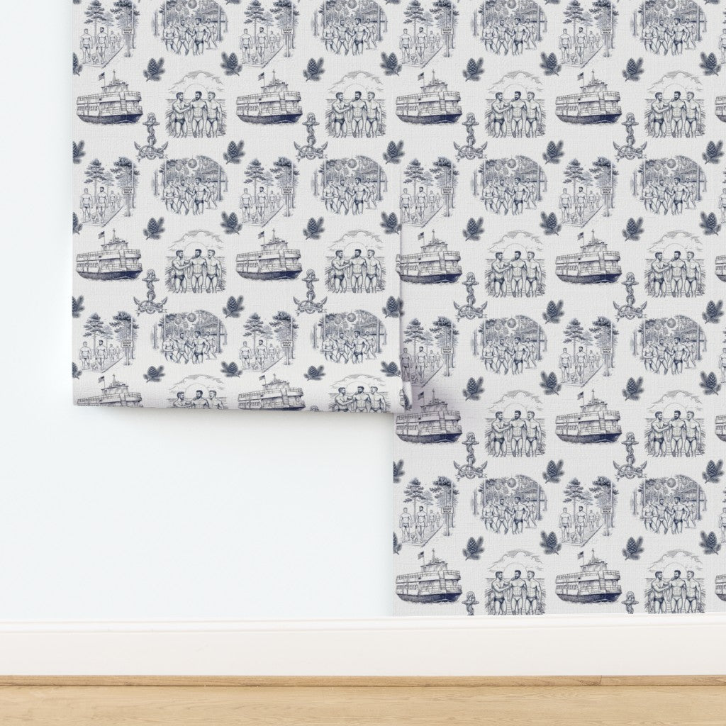 Close-up of the woven grasscloth substrate for the coastal toile wallpaper pattern.