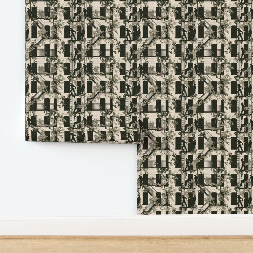 White colorway of Greenwich Village narrative wallpaper on premium organic grass cloth.