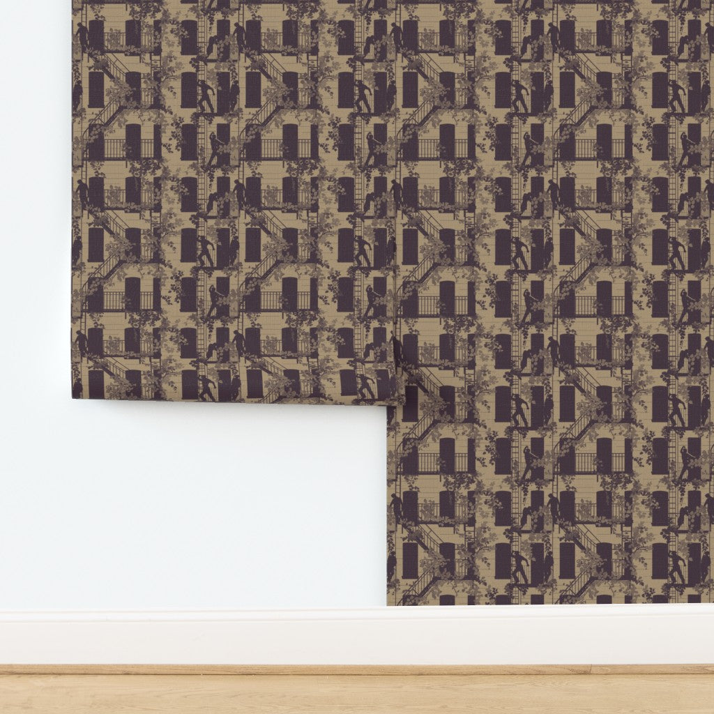 Bronze colorway of Greenwich Village narrative wallpaper on natural grass cloth texture.