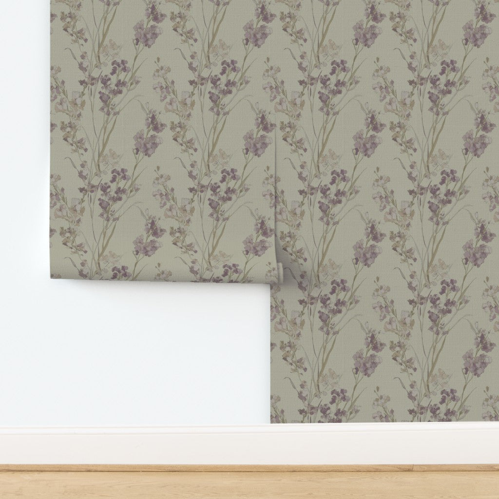 Organic grasscloth texture of the Canary yellow botanical wallpaper.