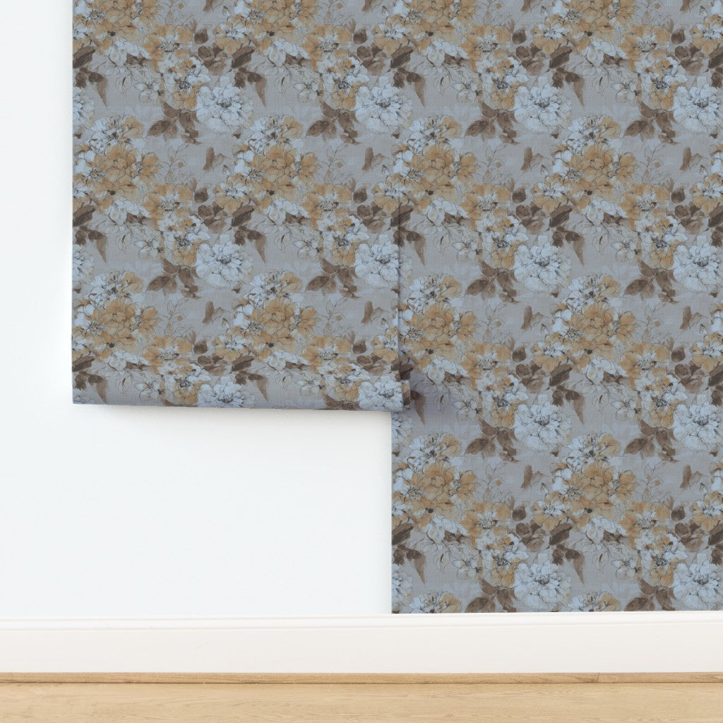Grass cloth wallpaper substrate featuring soft pink watercolor floral pattern.