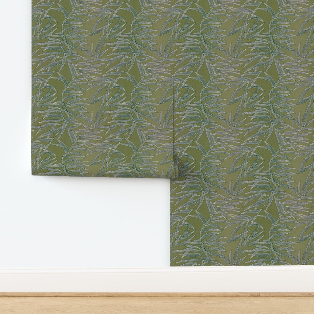 Moss green Bamboo wallpaper on textured organic grasscloth.