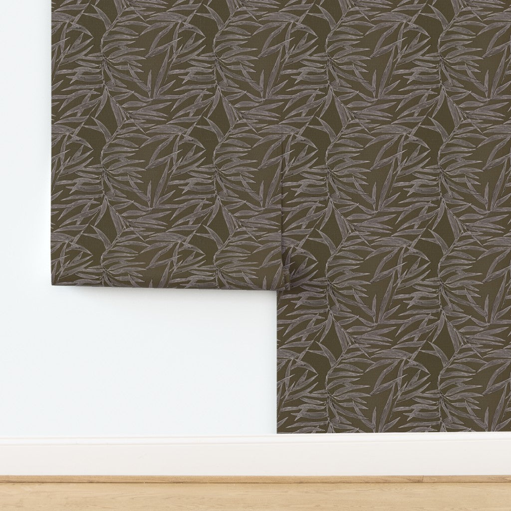 Grasscloth texture variation on pewter grey bamboo botanical wallpaper.