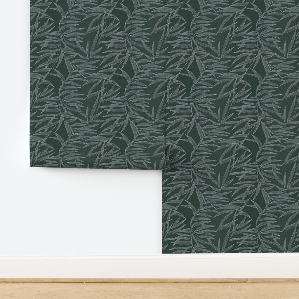Forest green Bamboo wallpaper on textured grasscloth substrate.