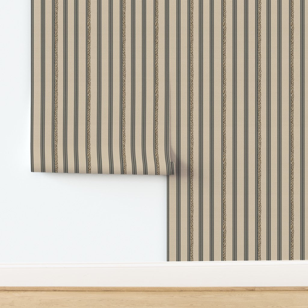 Slate grey nautical stripe wallpaper on textured natural grass cloth