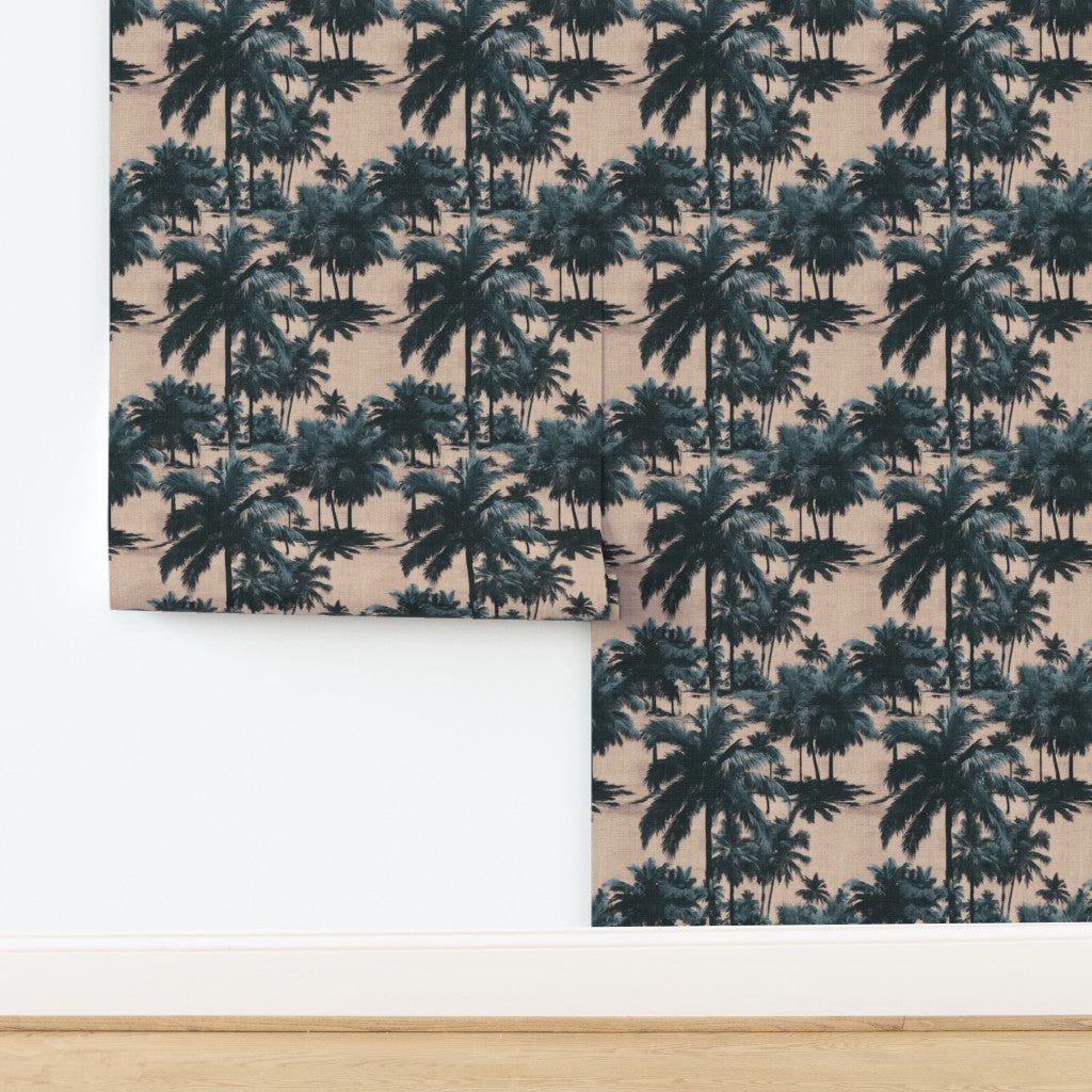St. Croix palm design printed on textured natural grasscloth wallpaper.