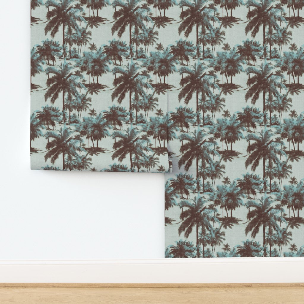 Textured natural grasscloth variant of the St. Croix palm tree wallpaper in warm sand tones.