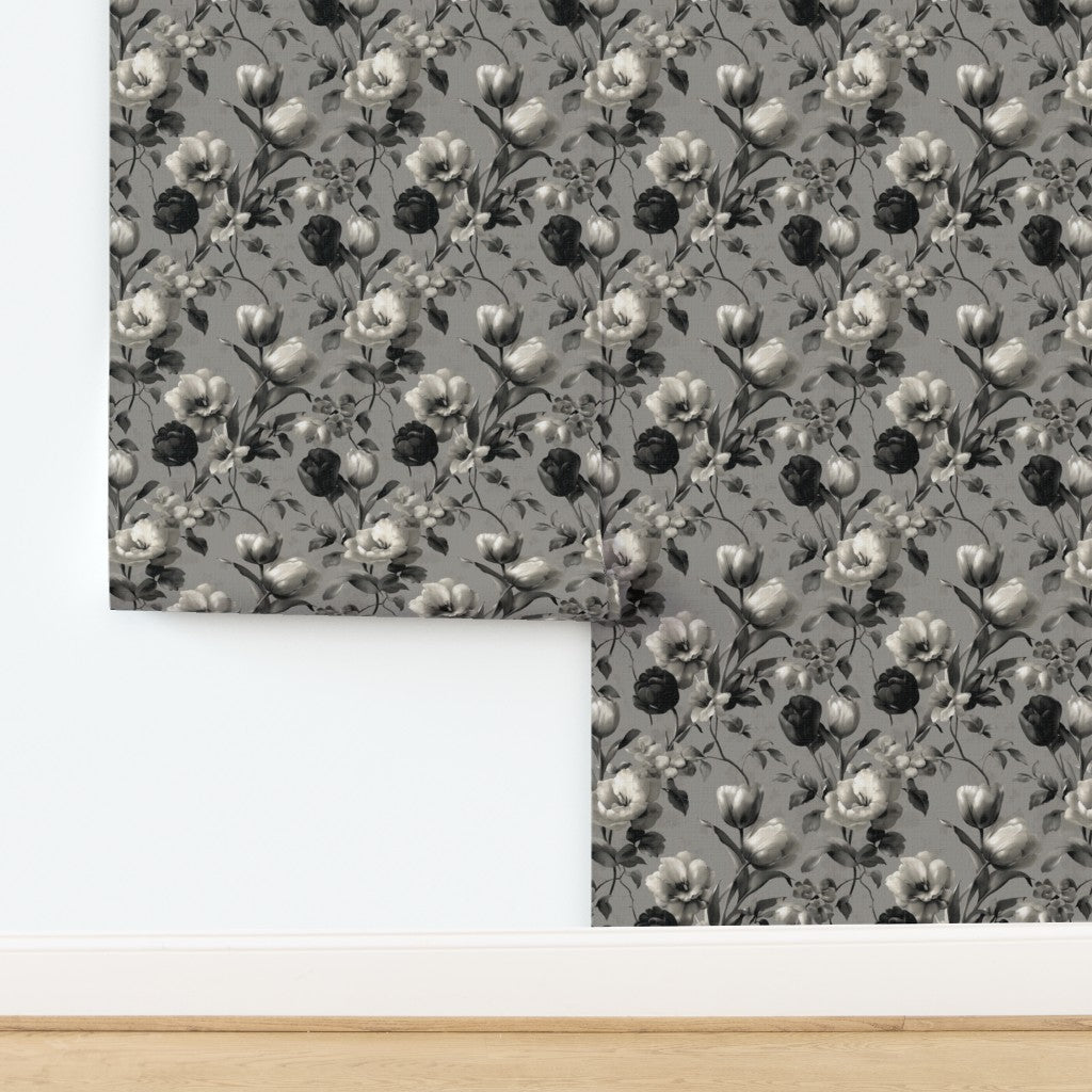 Natural woven grass cloth texture of the Tulip Noir Botanical Wallpaper