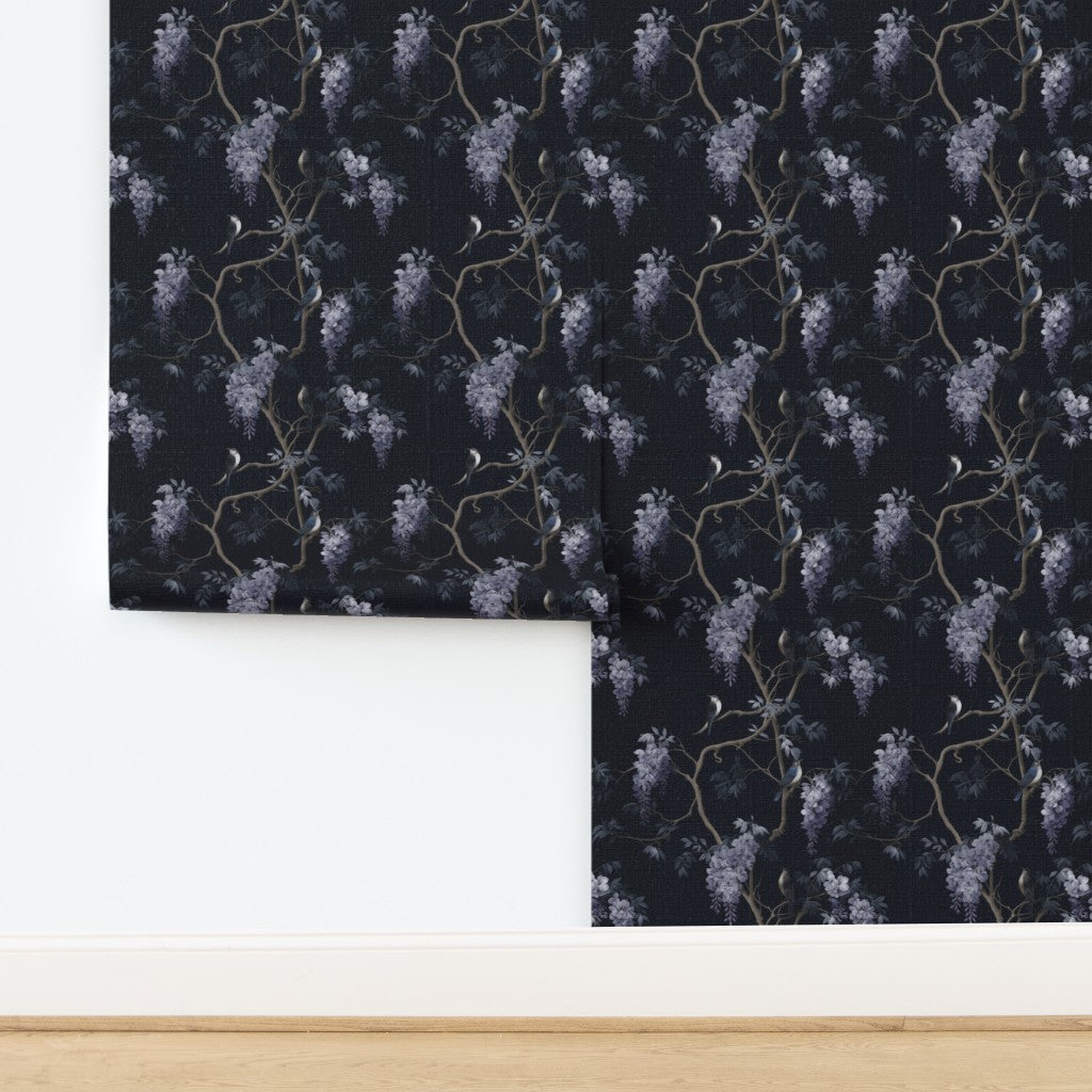 Natural grass cloth wallpaper substrate featuring the textured wisteria and swallow pattern